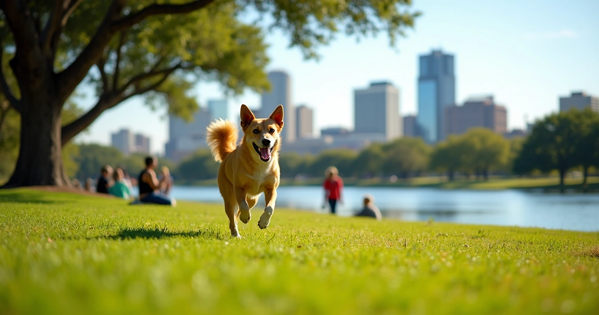 Dog running on grass at Auditorium Shores, Austin
