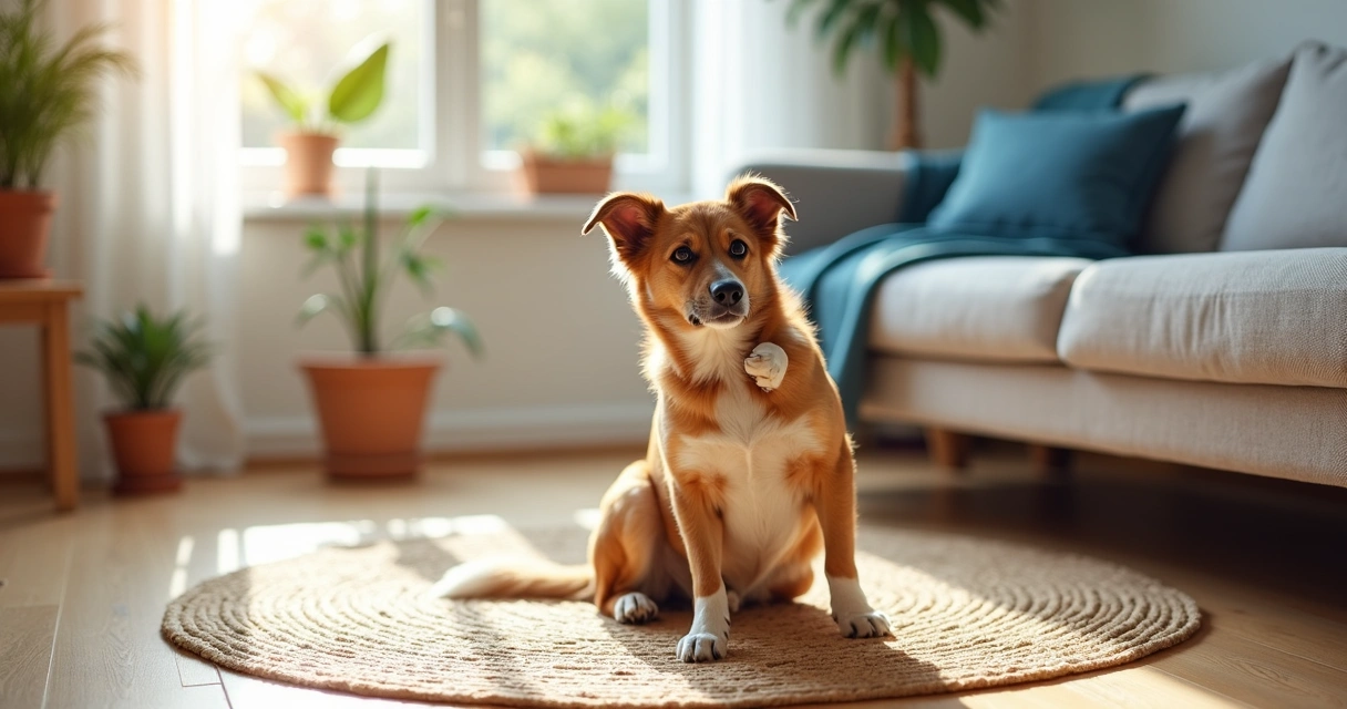 Dog scratching on rug in living room 