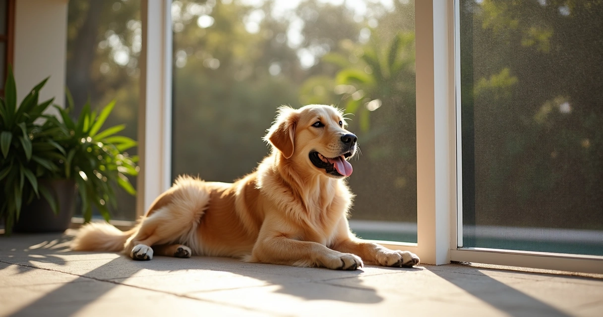 Dog resting behind reinforced pet-friendly screen 