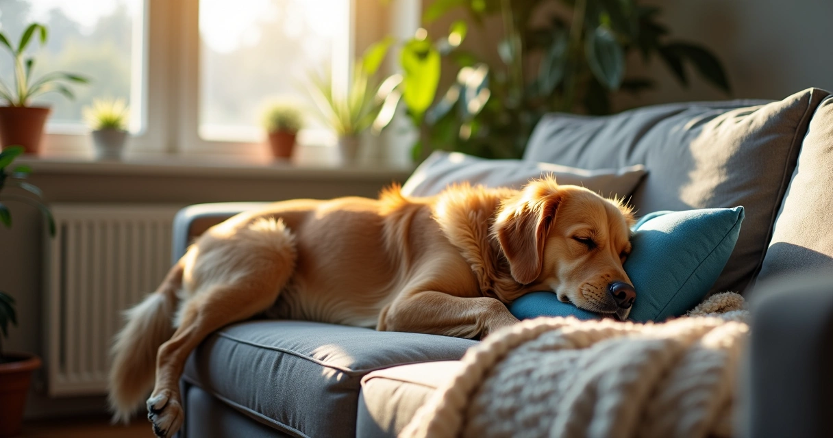 Golden dog napping in sunlit living room