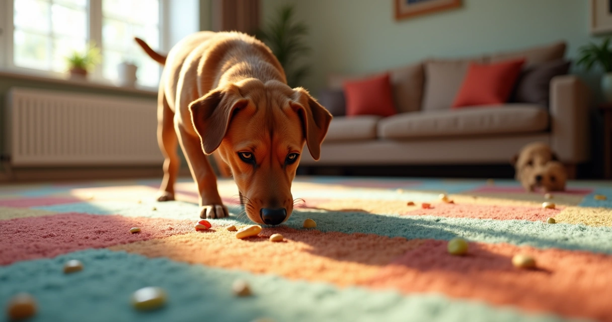 Dog sniffing treats hidden in carpet