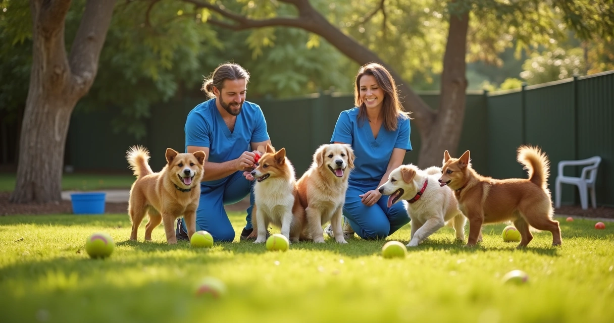 Several friendly dogs play together on green grass with trainers nearby 