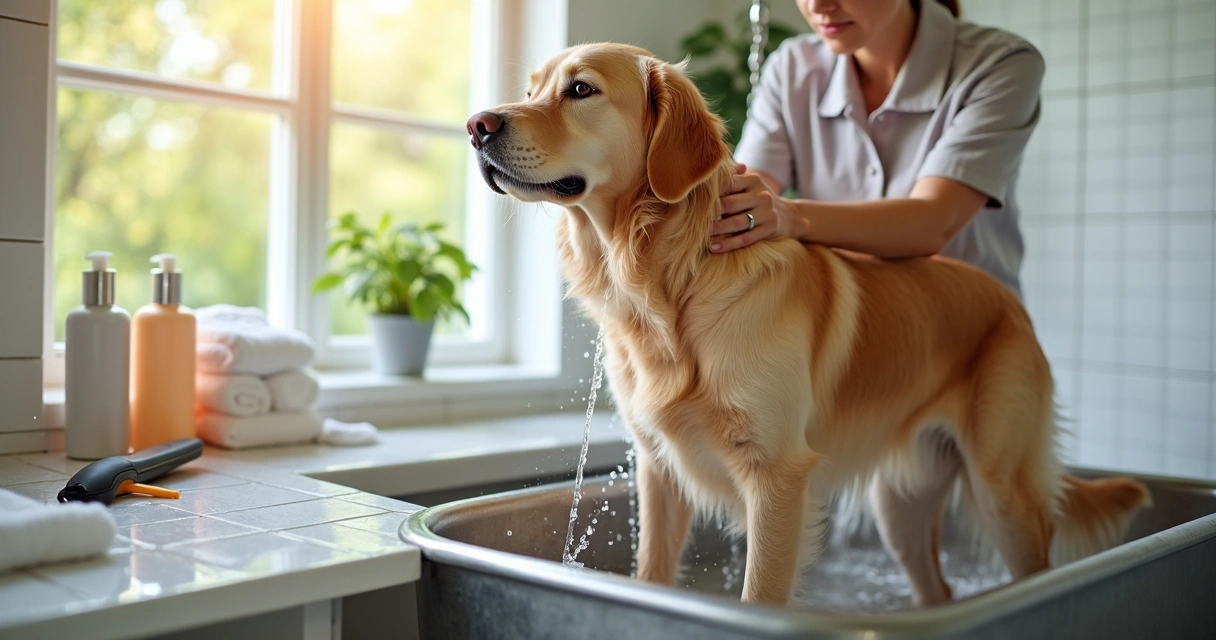Dog being bathed to remove spring pollen