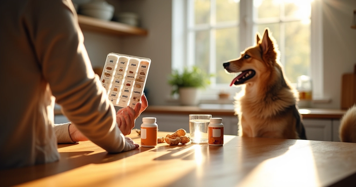 Pet owner holding a pill organizer while a dog sits attentively in a bright kitchen 