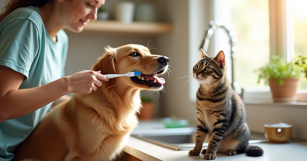 Owner brushing a dog’s teeth while a cat watches. 