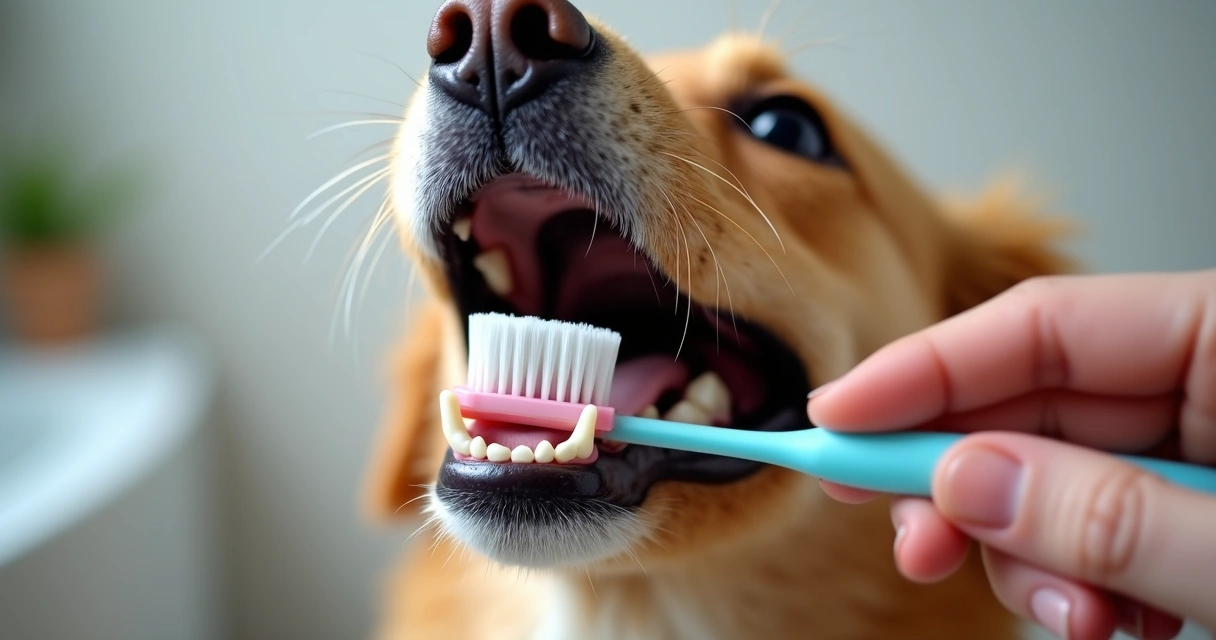 Dog having teeth brushed with a toothbrush held by a hand 