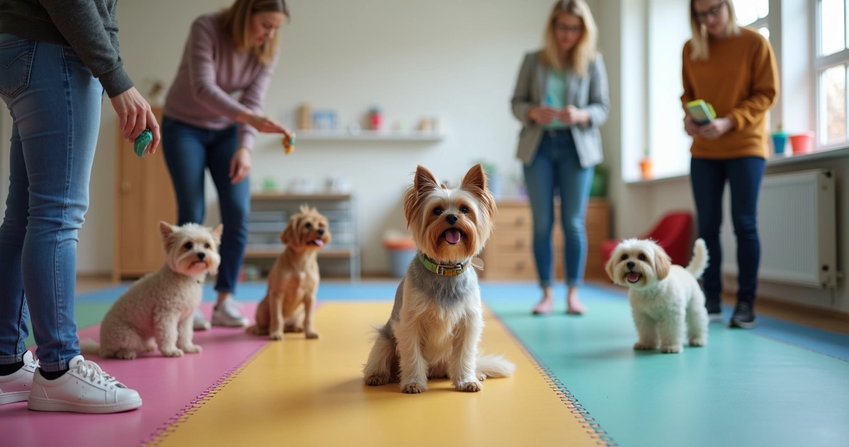 Group of small breed dogs in a training class with positive reinforcement tools 