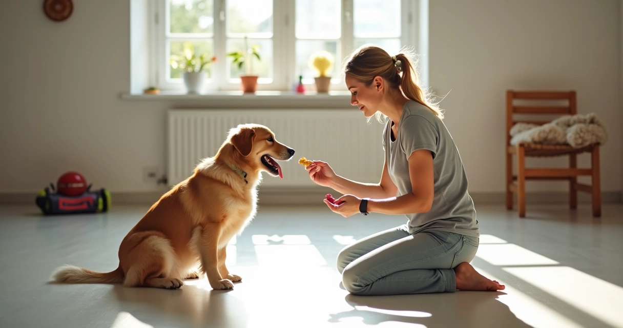 Dog trainer using a clicker and treats with a golden retriever.