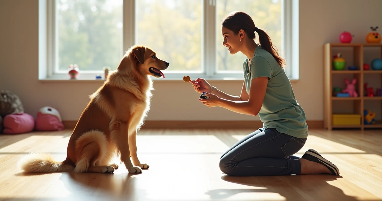 Dog trainer using a clicker with a sitting dog in a bright training room 