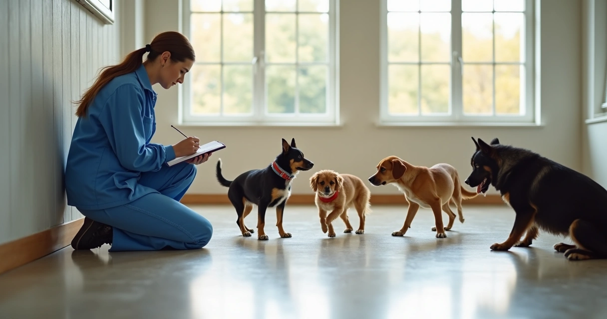 Dog trainer observing dogs playing indoors 