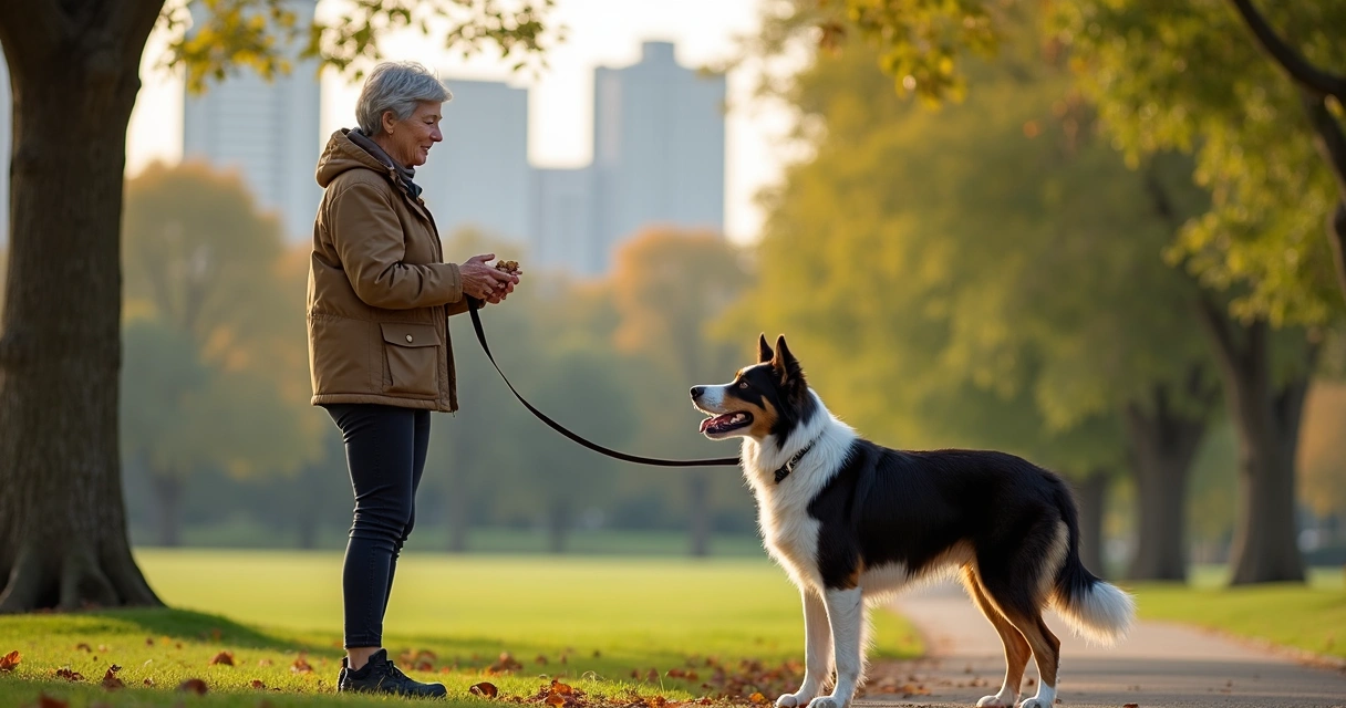 Dog and trainer in quiet park, leash training