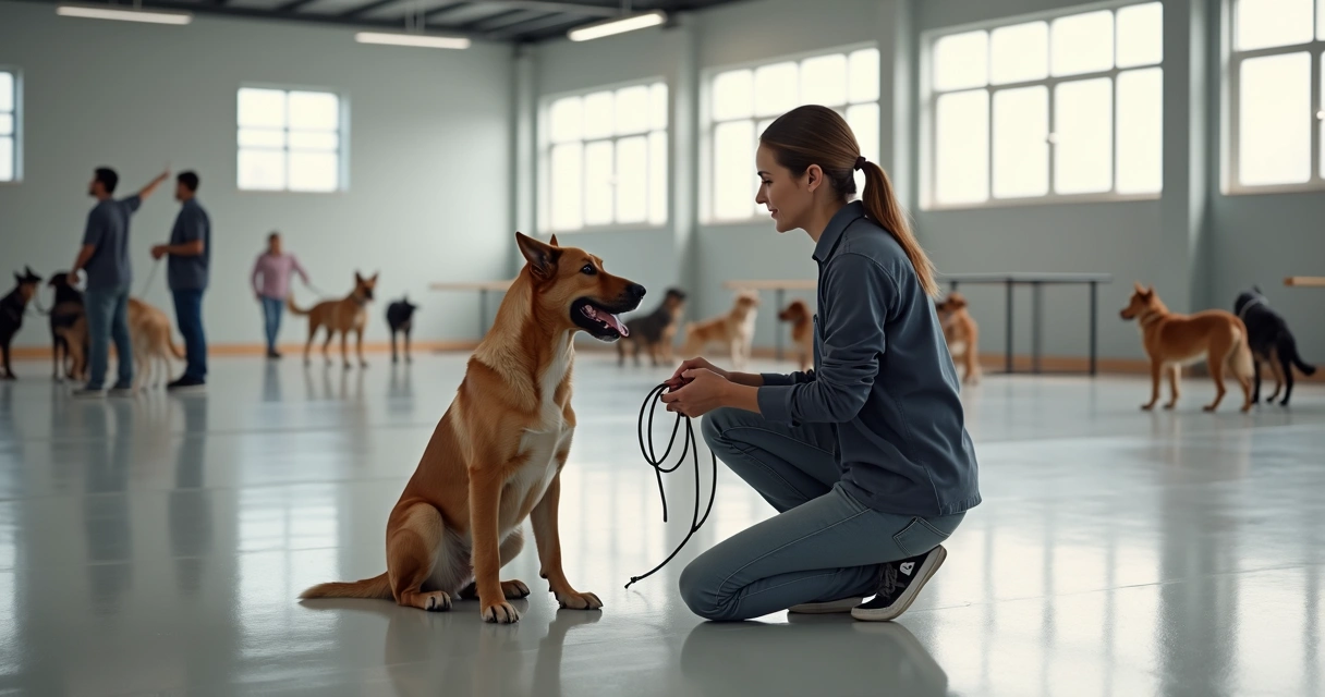 Dog trainer giving commands to a sitting dog with a leash in a bright indoor training facility