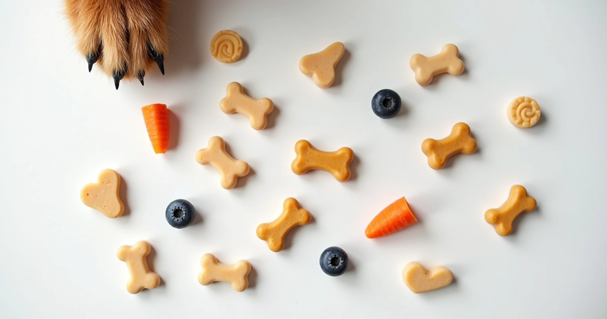 Selection of small, colorful dog training treats on a white surface