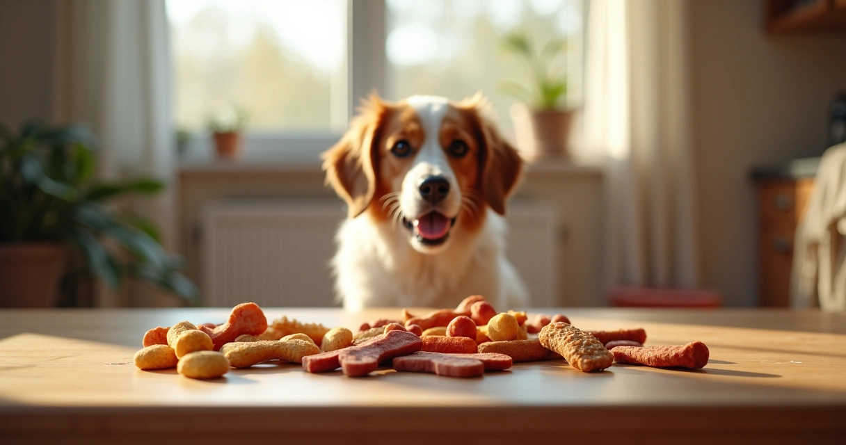 Various dog training treats arranged on a wooden table with a playful dog in the background