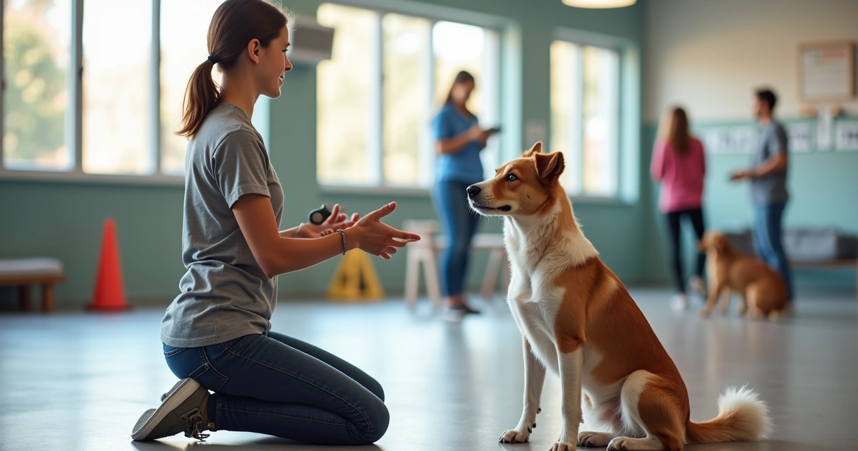 Dog sitting with trainer in modern indoor training space 