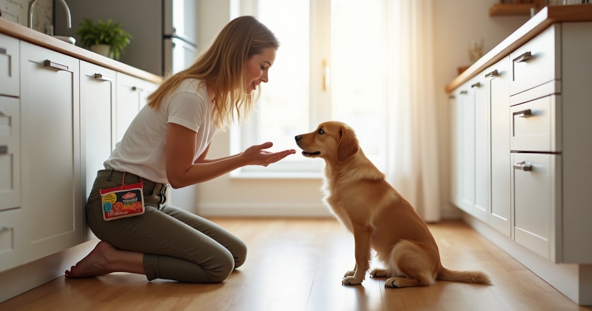 Person trains a dog to touch a hand target