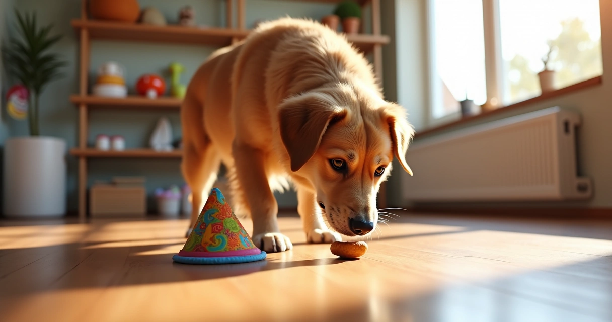 Dog sniffing a hidden treat during a scent work training session in a bright room 
