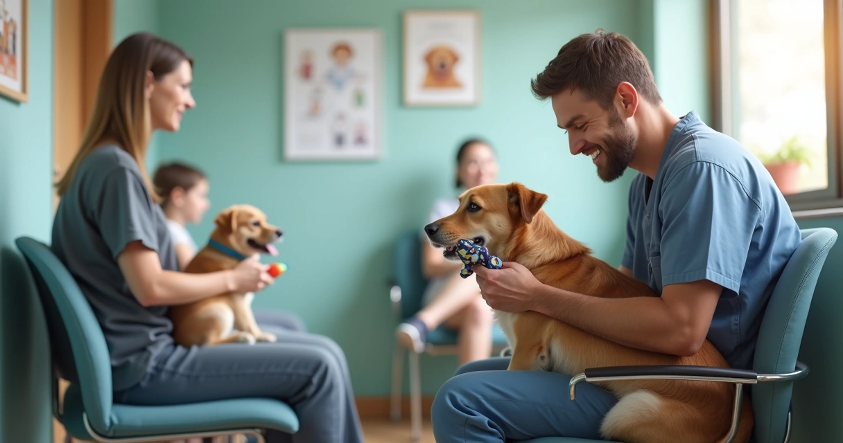 Dog and owner playing with a toy in a vet waiting room