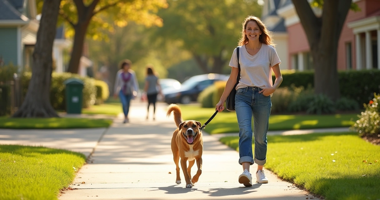 Woman walking a happy medium-sized dog on a tree-lined street 