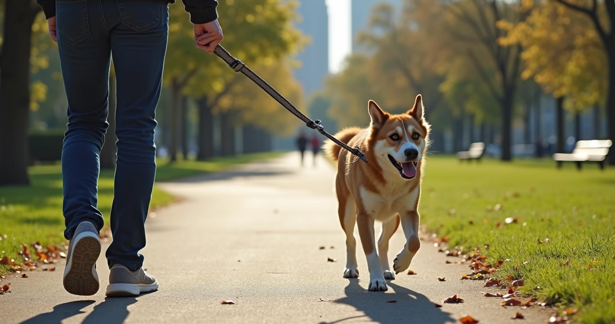 Dog owner walking a medium-sized dog on a leash in a park making common mistakes 