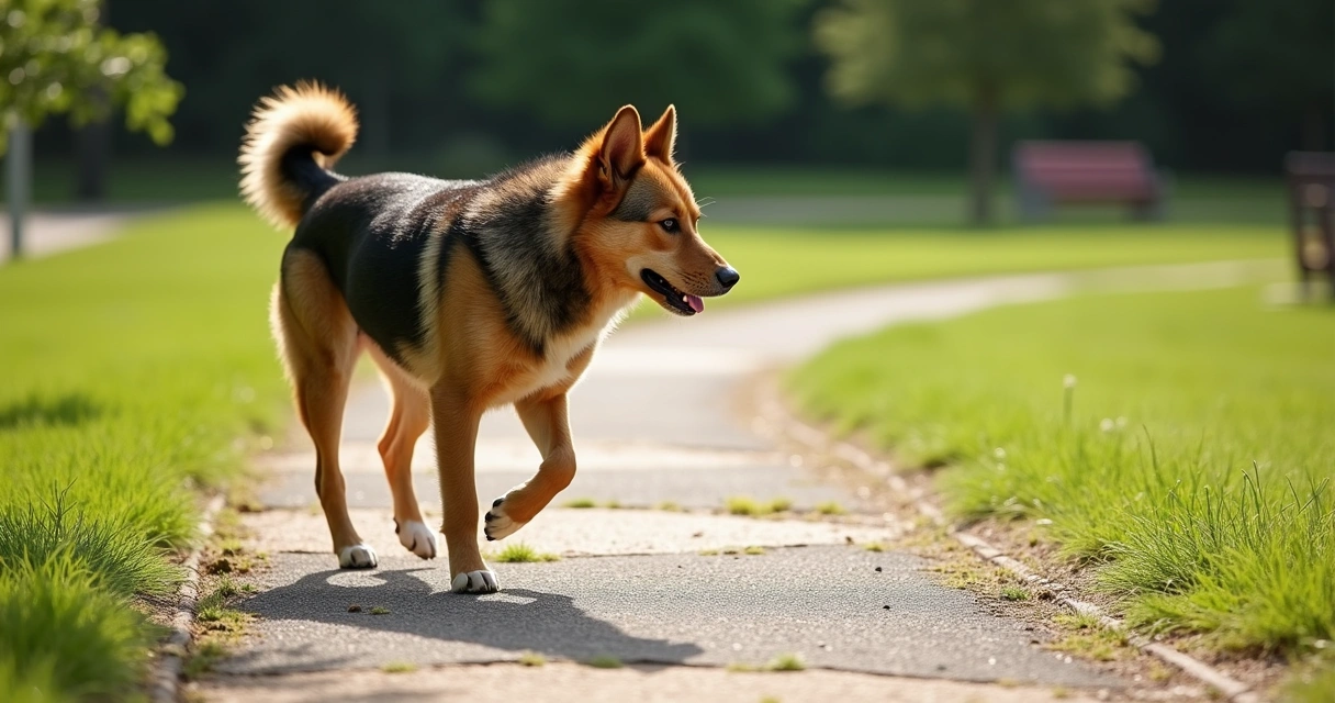 Dog walking confidently over a mix of grass, gravel, and pavement 