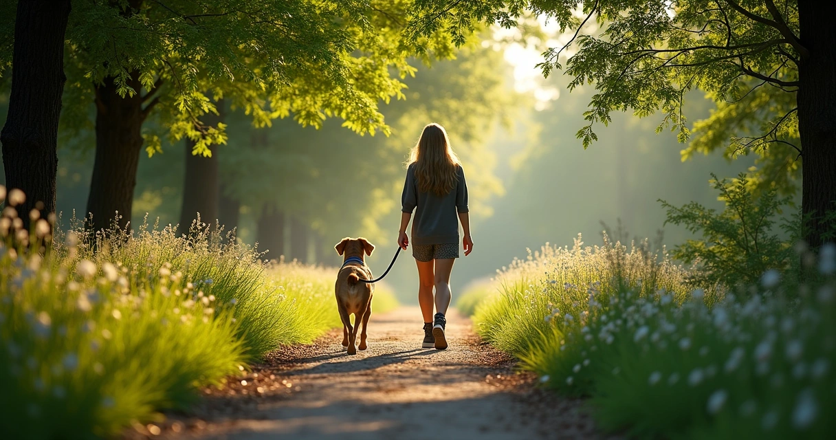 Dog walking along Shoal Creek Greenbelt in Austin