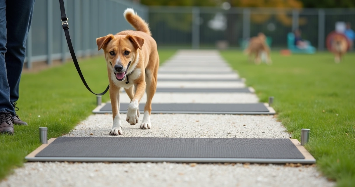 Dog walking confidently over grass gravel and rubber mat surfaces 
