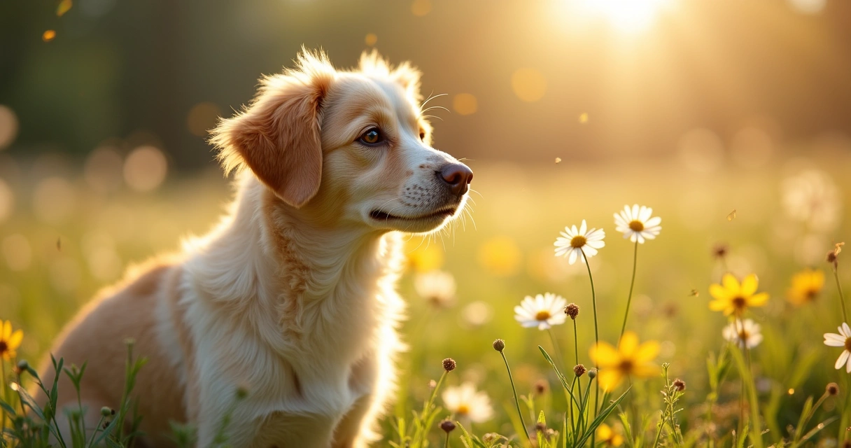Dog outdoors surrounded by spring flowers with visible pollen in the air 