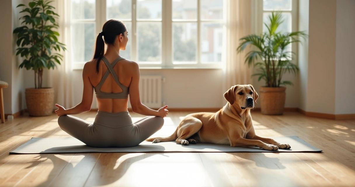 Person in seated twist with relaxed dog on a mat 