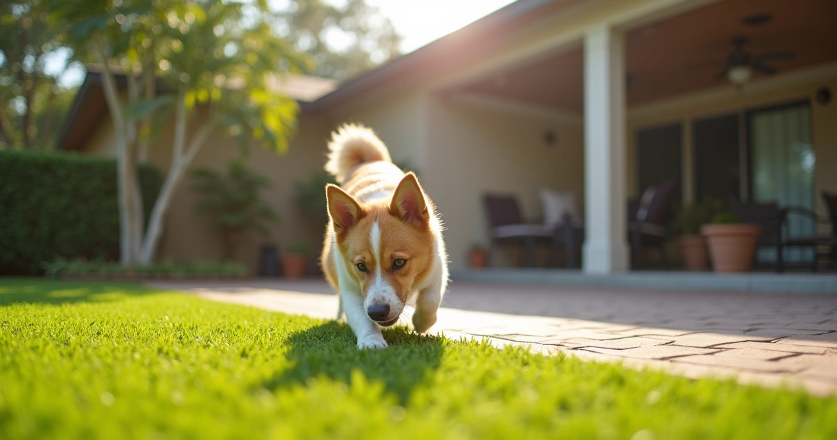 Dog playing on synthetic turf near paved patio in sunny Florida backyard 