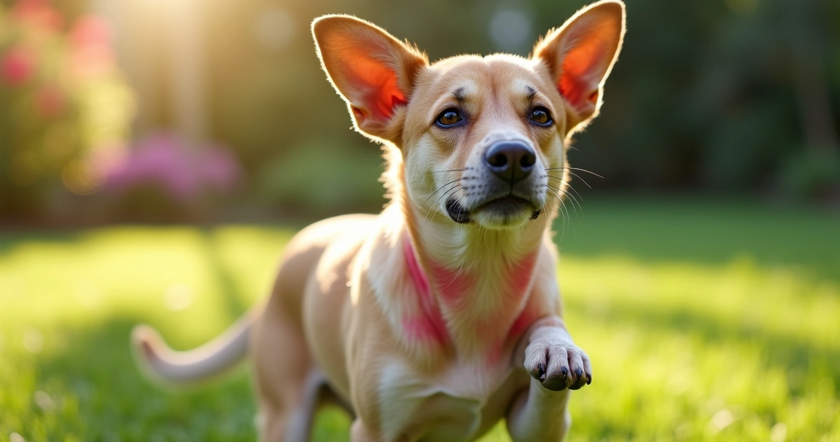Dog scratching itchy skin outdoors with visible red irritated patches 