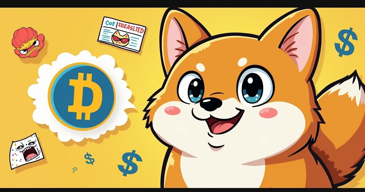 Dogecoin shiba inu in cartoon style with cryptocurrency graphics