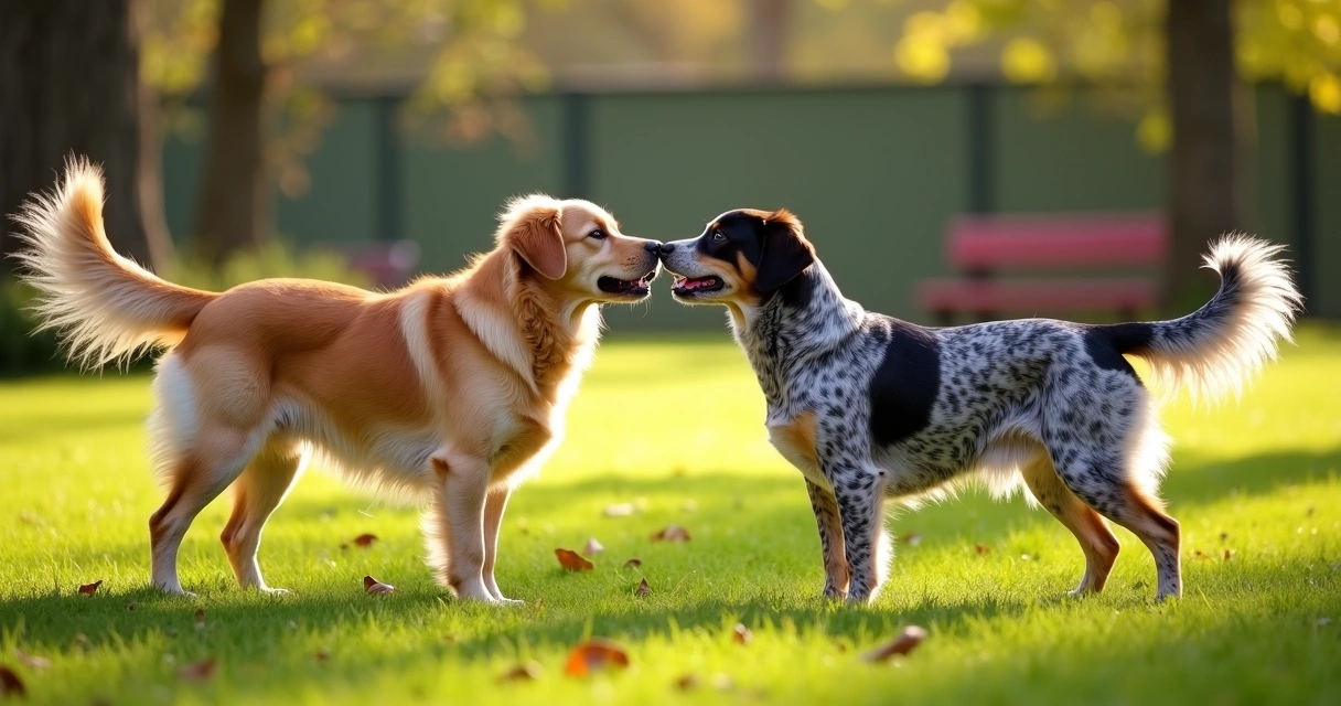 Two dogs greet with loose posture in a park.