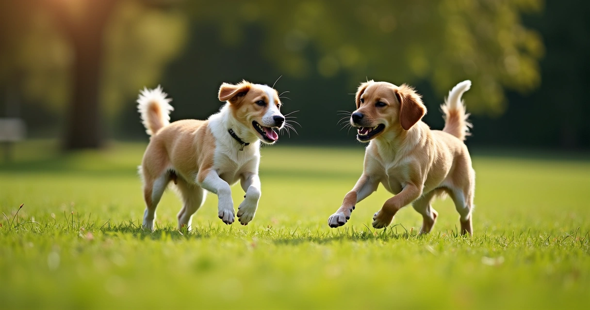 Two dogs playing in grass, one limping slightly