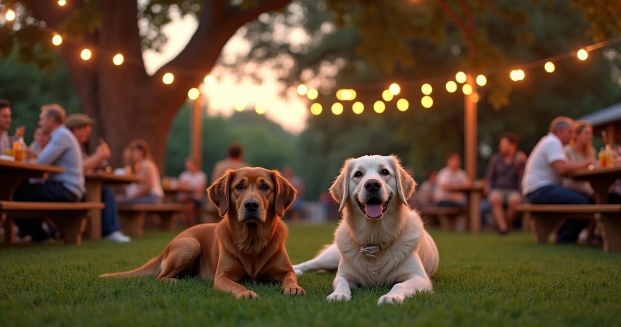 Dogs relaxing on grass patio in Austin under fairy lights