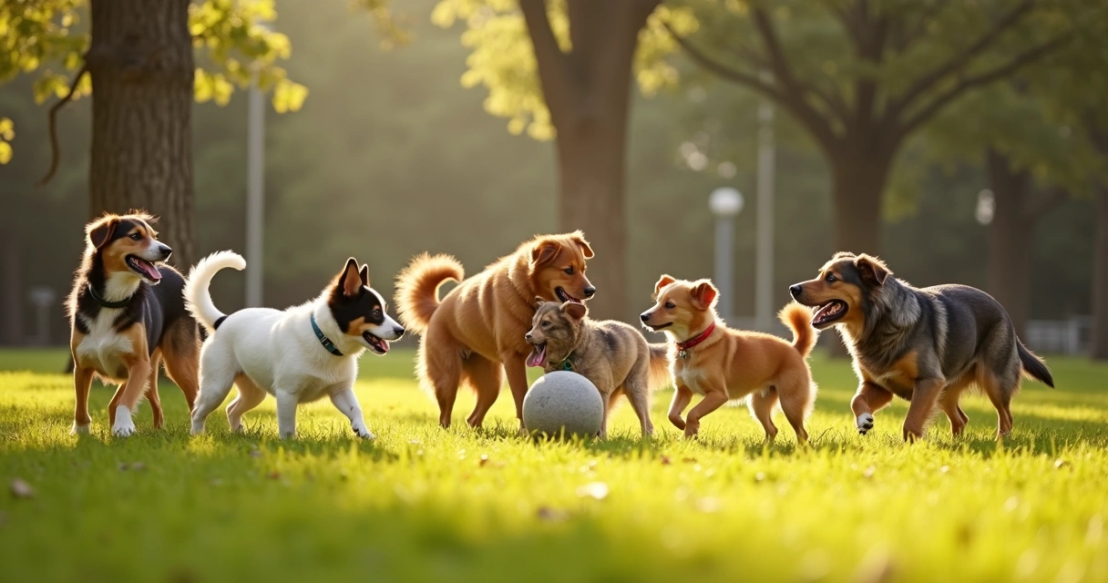 Dogs of different breeds playing together in grassy area 