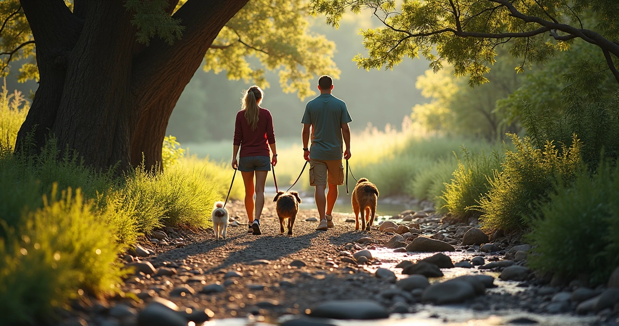 Dogs on leashes walking Barton's creek greenbelt trail