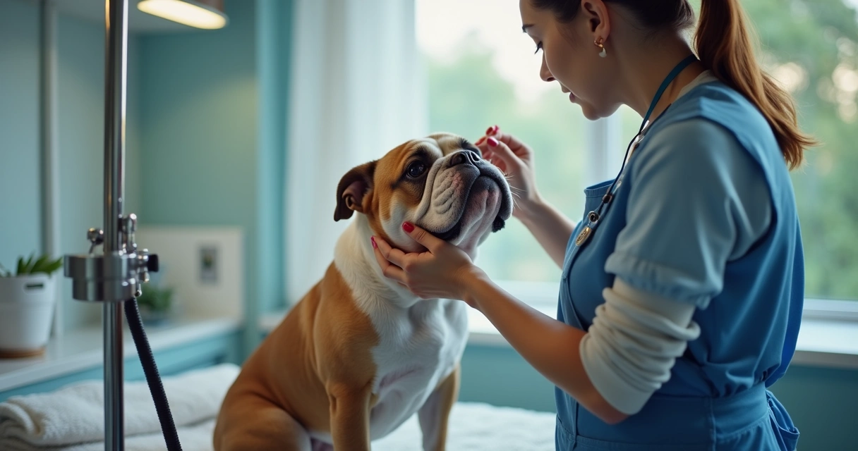 Staff giving Bulldog gentle face cleaning at grooming station 