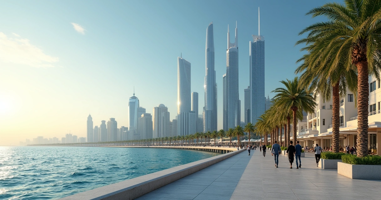Downtown Doha skyline with modern skyscrapers and palm trees 