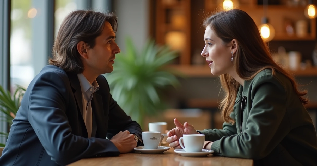 Dois adultos conversando de forma respeitosa mantendo espaço pessoal 