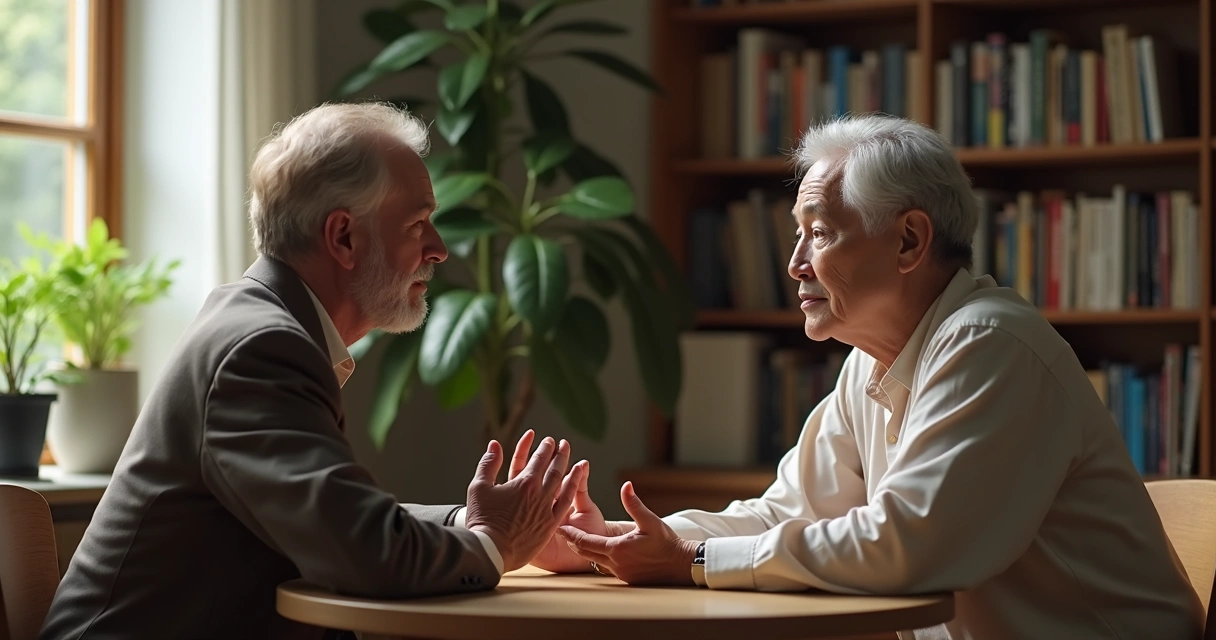 Duas pessoas sentadas frente a frente, conversando em um ambiente claro 