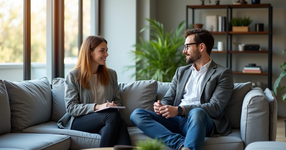 Dois colegas conversando no trabalho, sentados em um sofá moderno com luz natural 