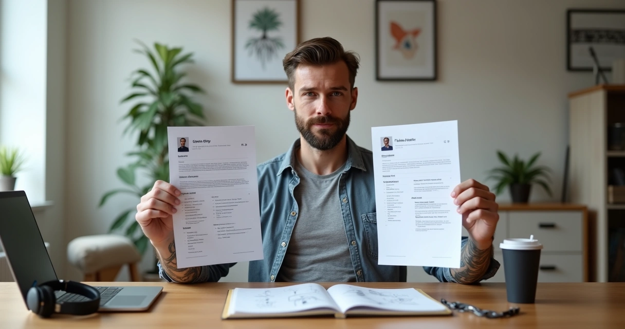 Homem segurando dois currículos diferentes em um ambiente de trabalho moderno 