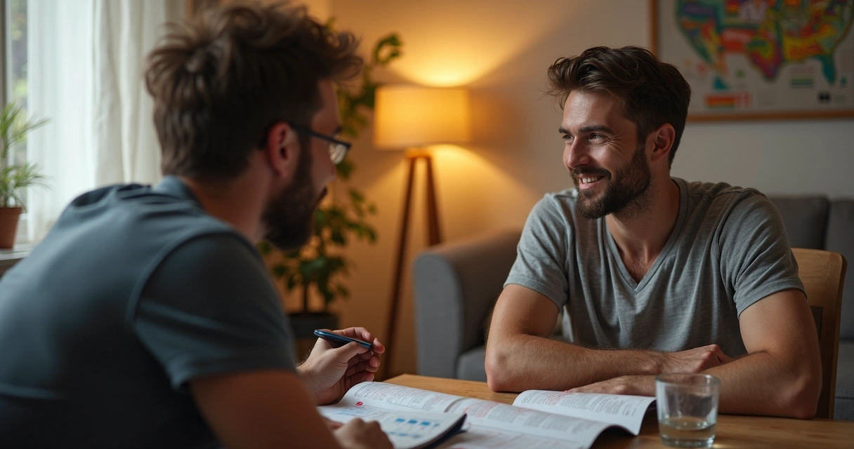 Dois homens cisgênero conversando sobre prevenção. 