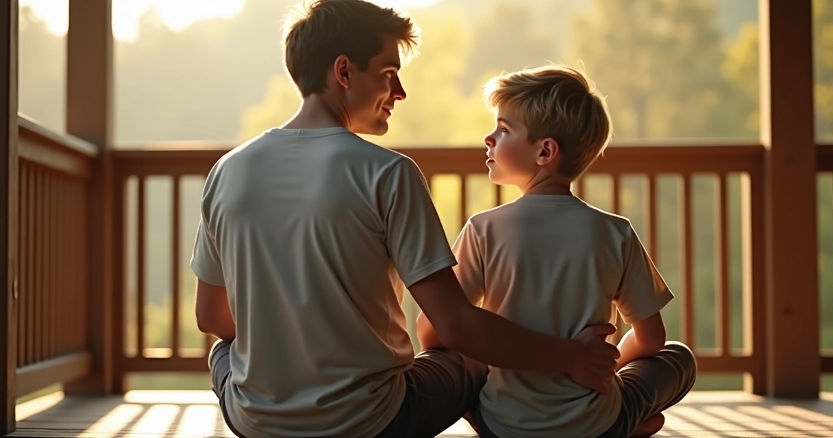 Dois irmãos com olhar compreensivo sentados na varanda 