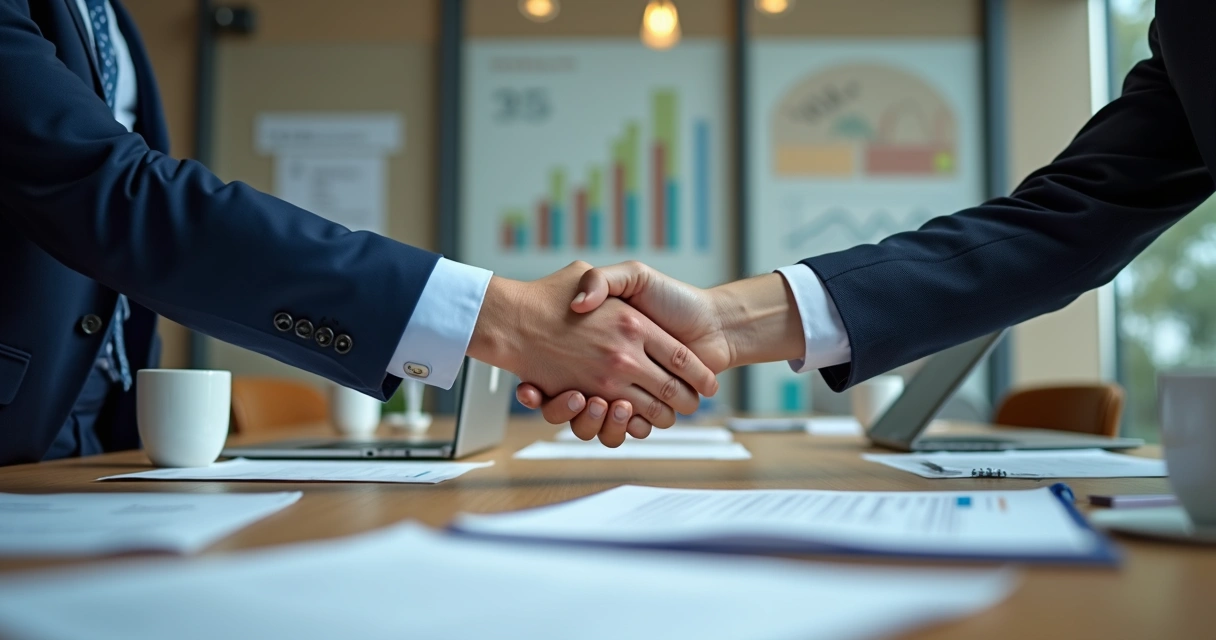 Dois sócios apertando as mãos em acordo, material de planejamento visível na mesa 