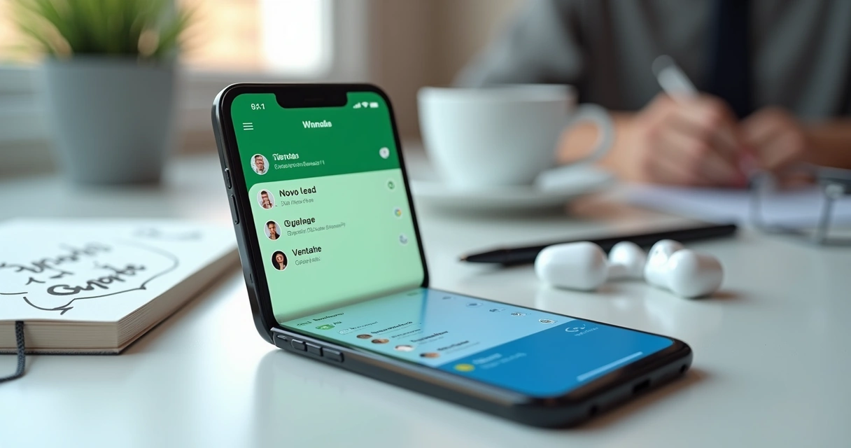 Celular exibindo dois WhatsApp com conversas de vendas e suporte lado a lado 