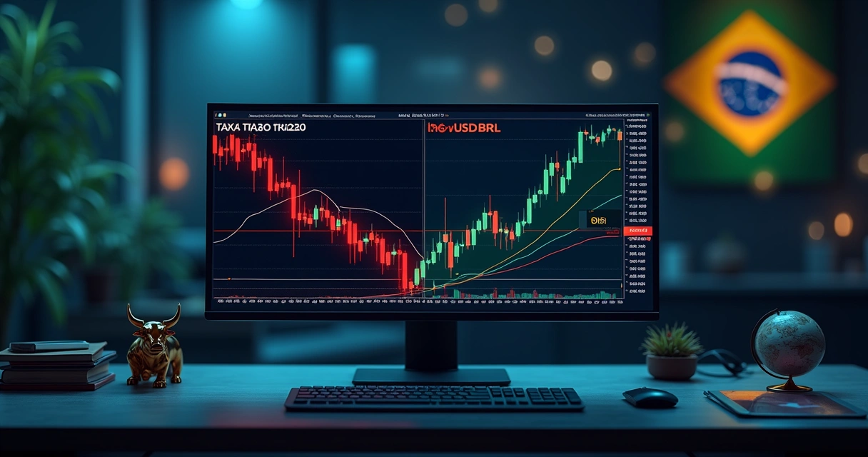 Gráfico do dólar em queda frente ao real com taxa de juros brasileira em descida ao fundo 