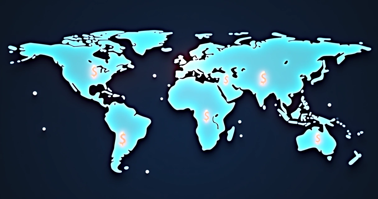 Mapa-múndi indicando fluxos de dólar entre países 
