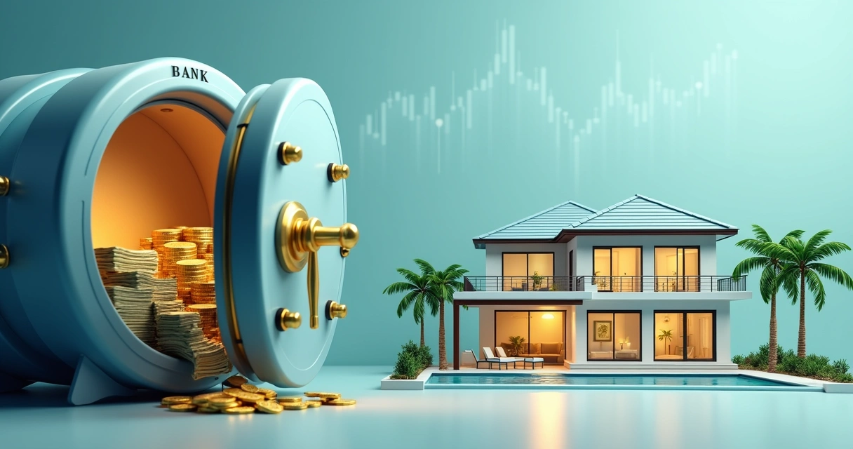 Open safe with dollar inside and a model house beside it 